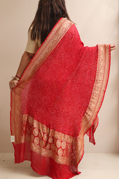 Red Banarasi Bandhani Pure Georgette Shikari Bandhej Dupatta - Luxurion World