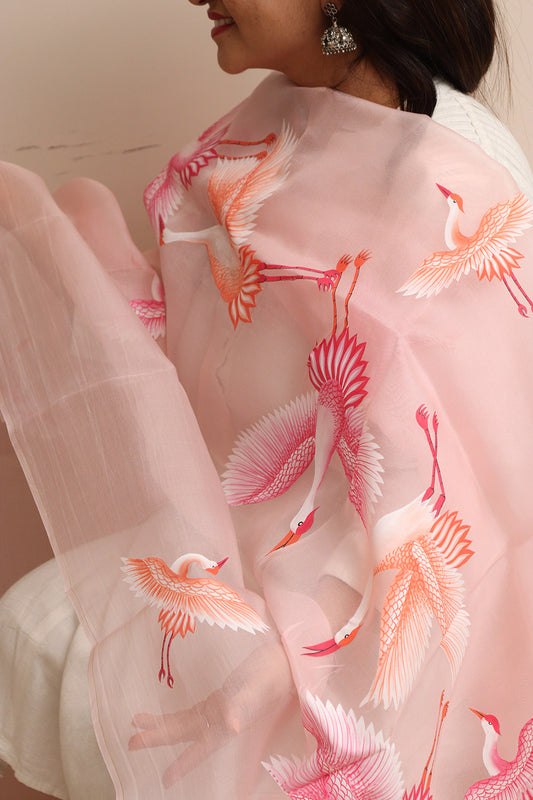 Peach Hand Painted Organza Bird Design Dupatta - Luxurion World