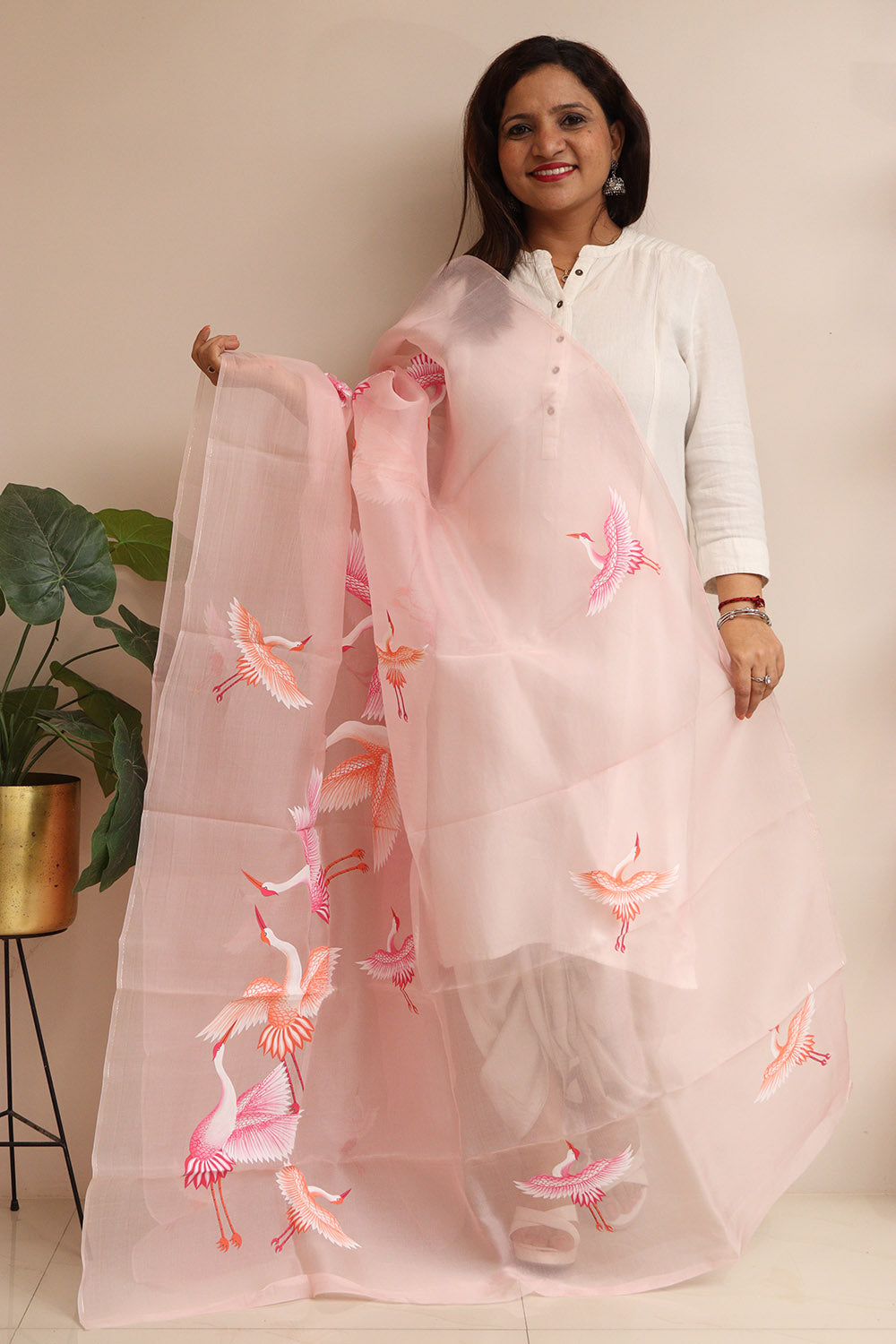 Peach Hand Painted Organza Bird Design Dupatta - Luxurion World