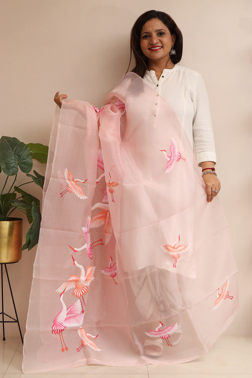Peach Hand Painted Organza Bird Design Dupatta - Luxurion World