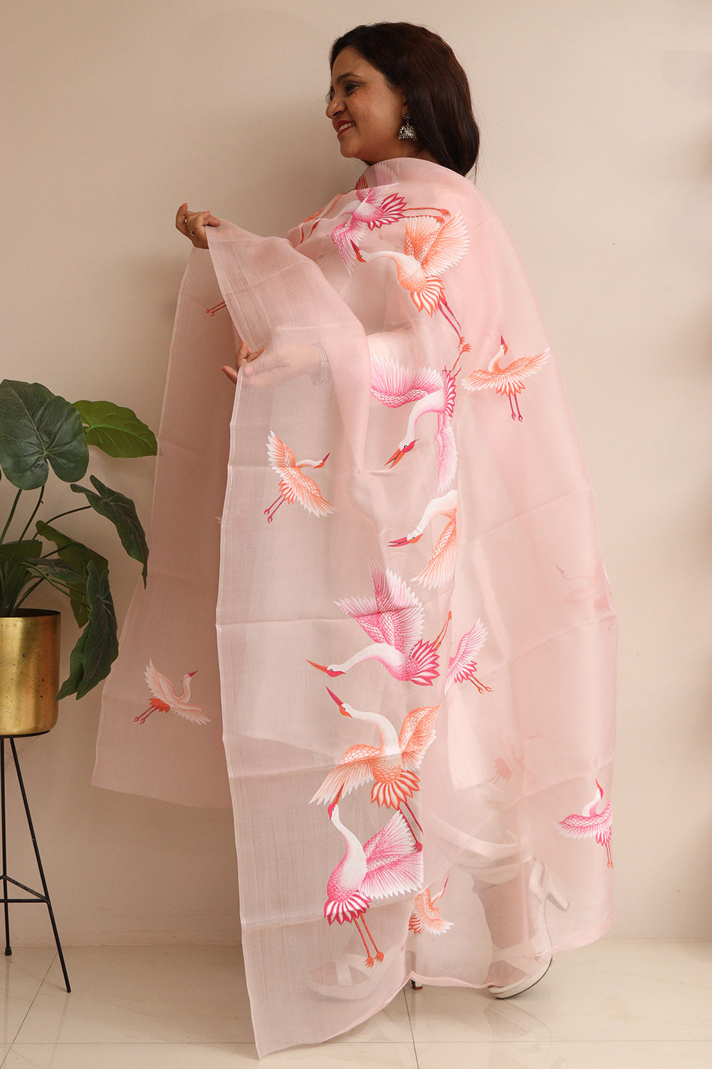 Peach Hand Painted Organza Bird Design Dupatta - Luxurion World