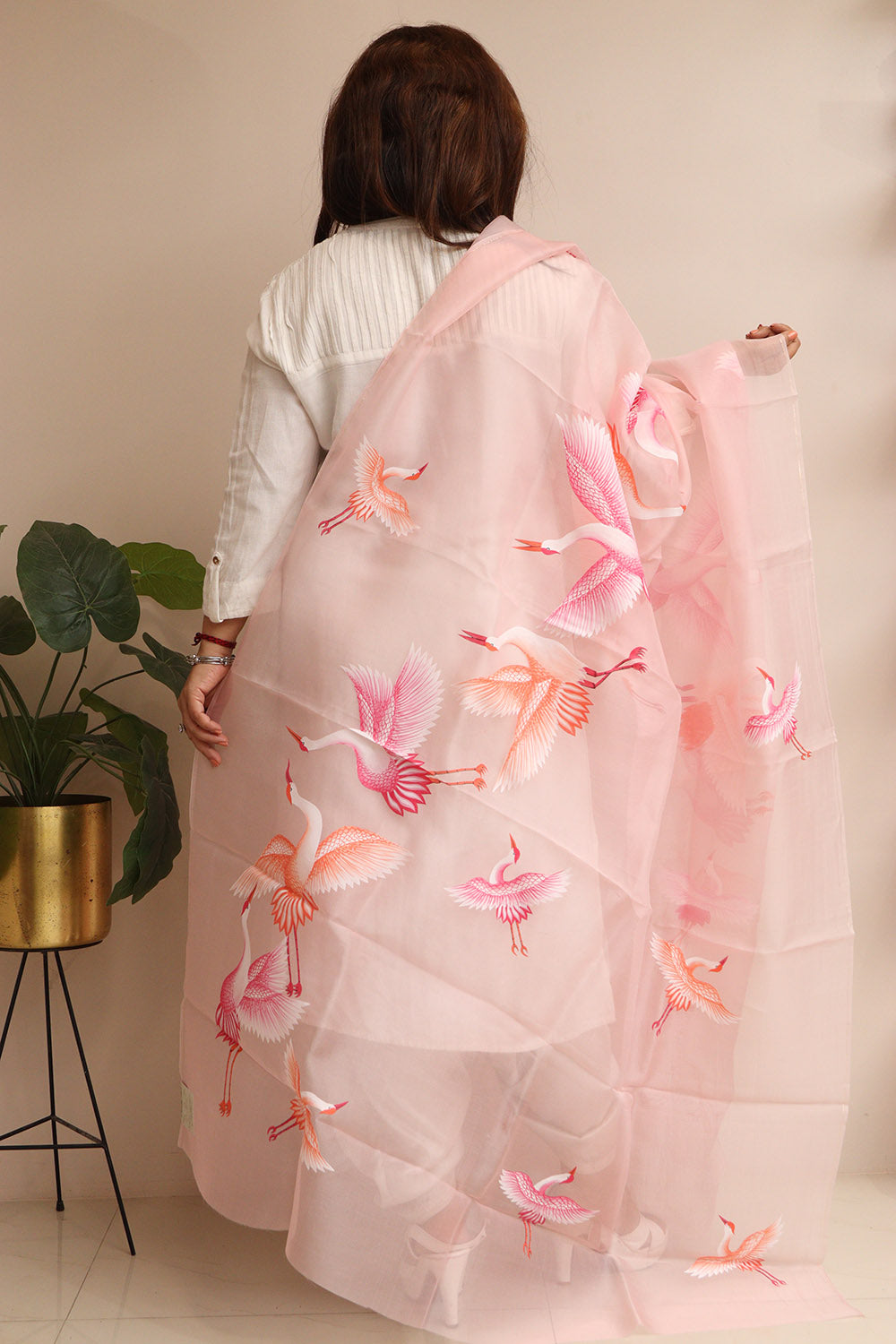 Peach Hand Painted Organza Bird Design Dupatta - Luxurion World