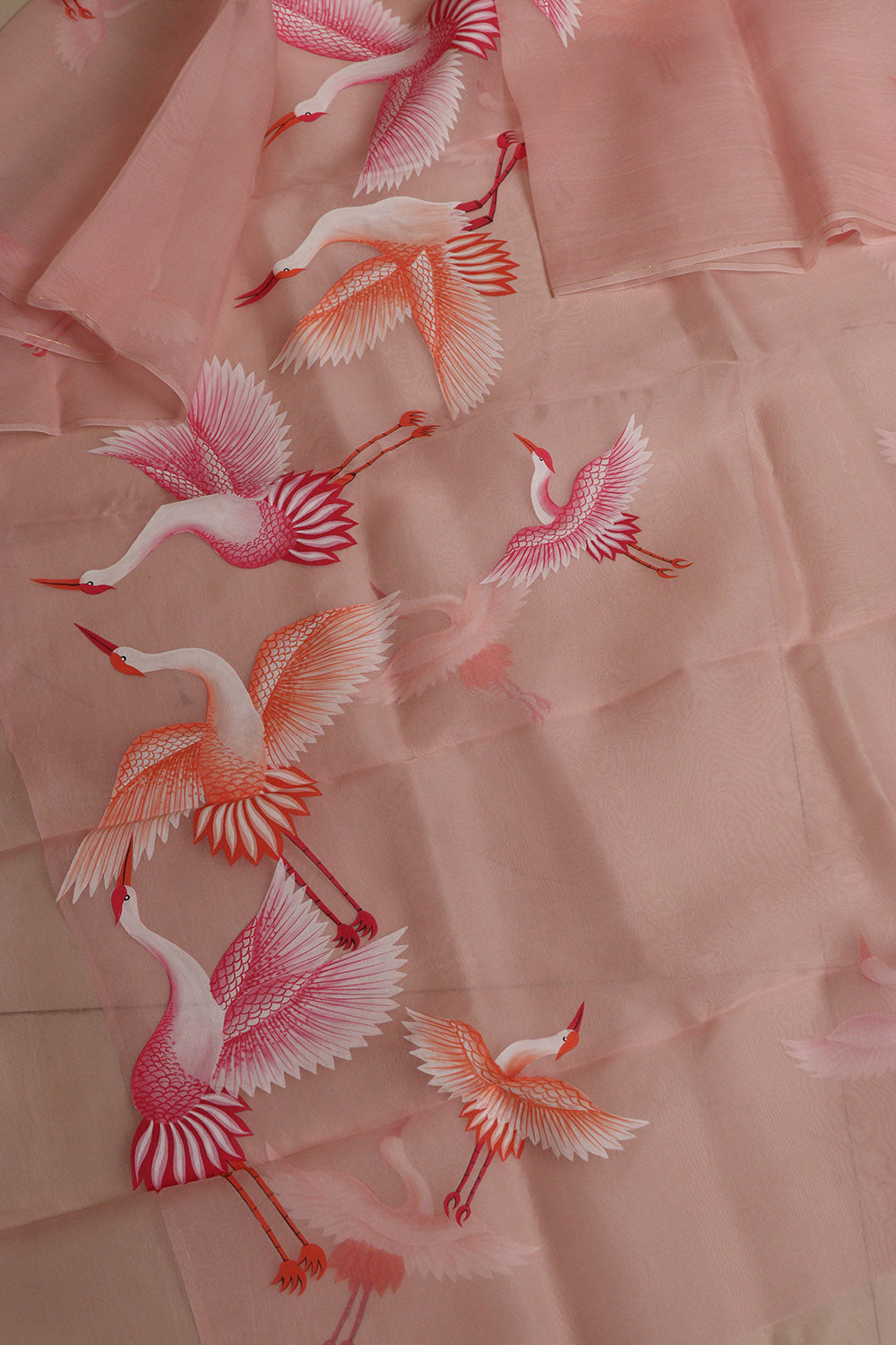 Peach Hand Painted Organza Bird Design Dupatta - Luxurion World