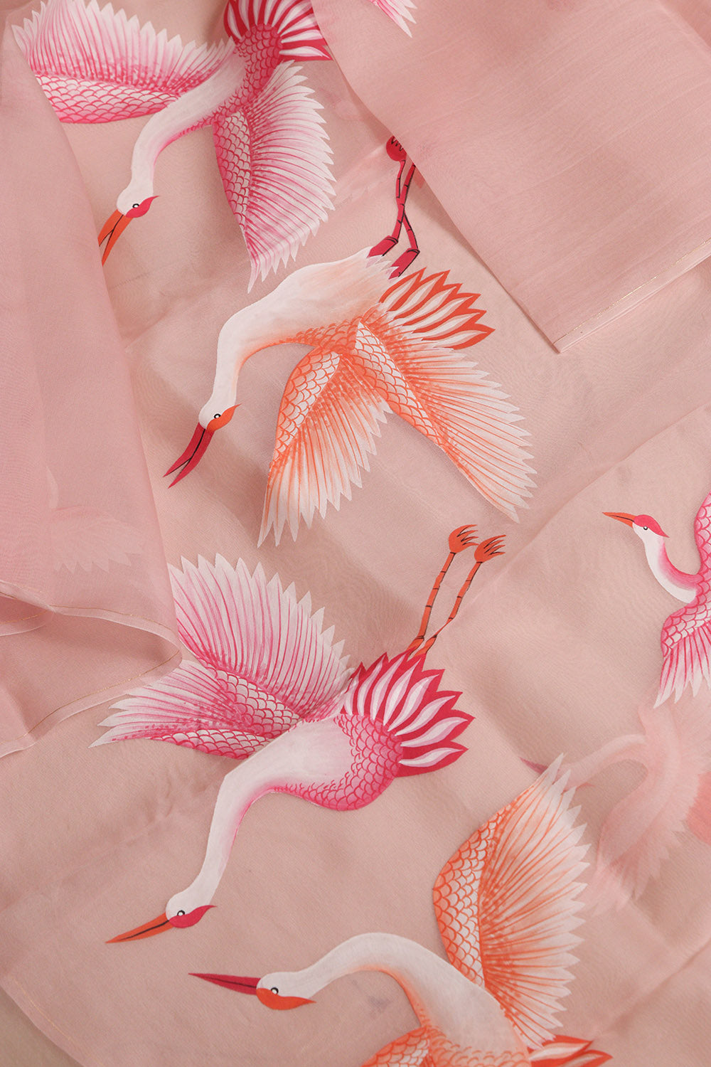 Peach Hand Painted Organza Bird Design Dupatta - Luxurion World