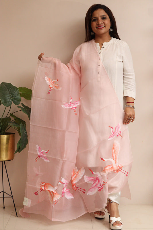 Pink Hand Painted Organza Bird Design Dupatta - Luxurion World