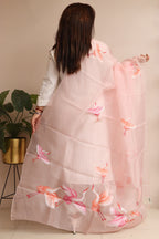 Pink Hand Painted Organza Bird Design Dupatta - Luxurion World