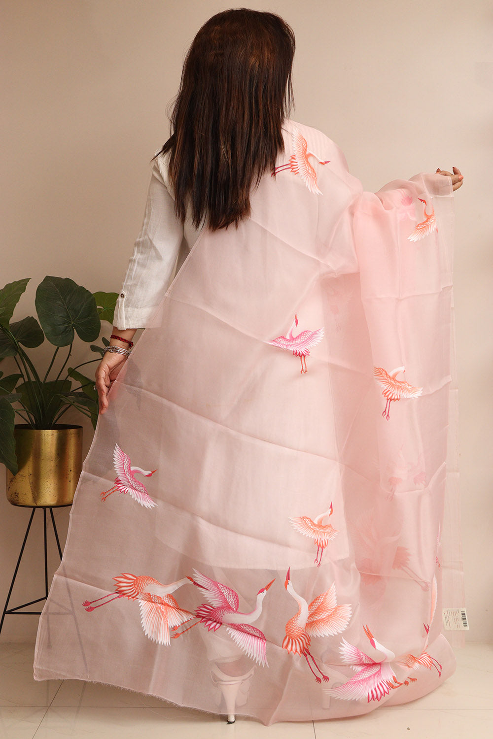 Pink Hand Painted Organza Bird Design Dupatta - Luxurion World