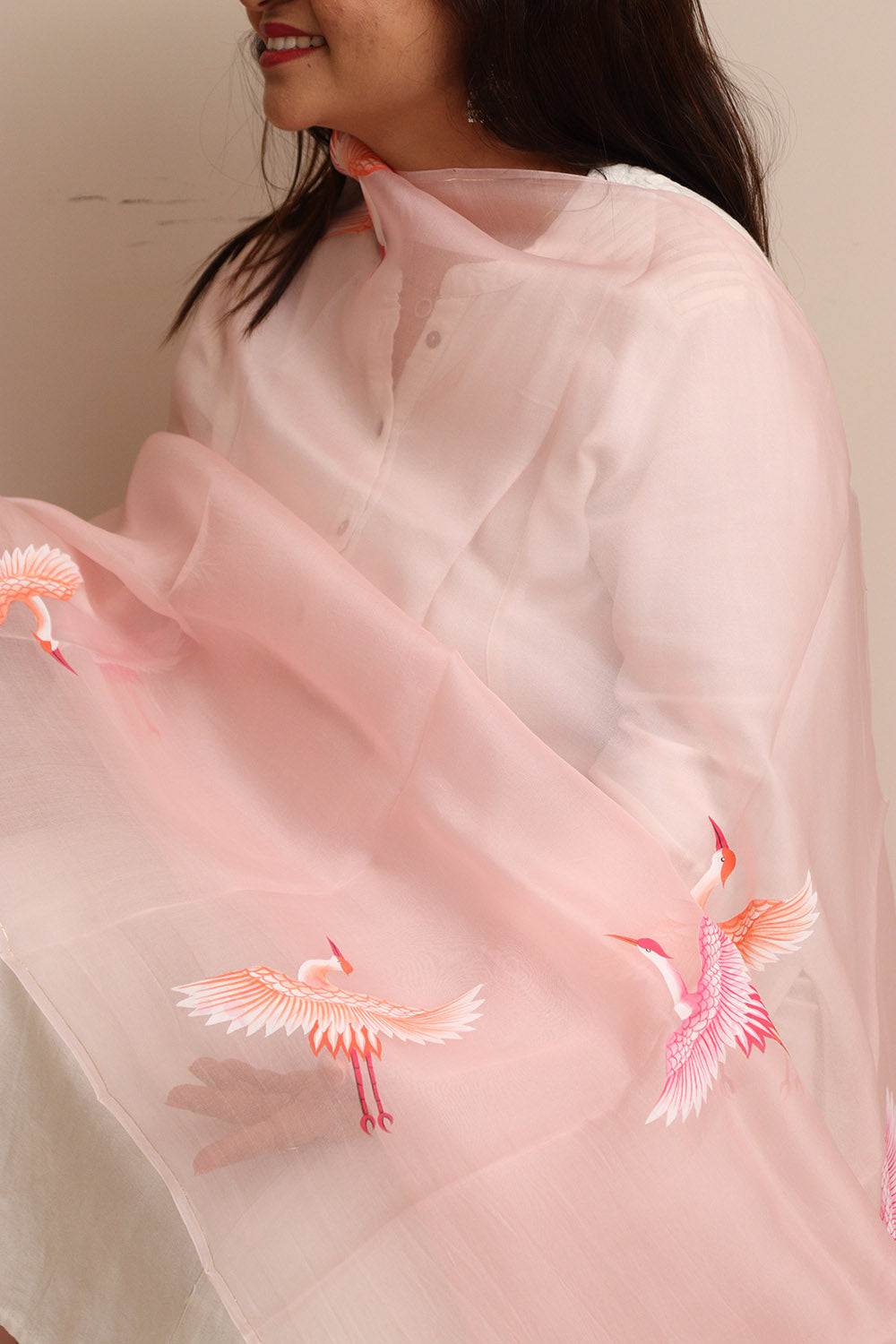 Pink Hand Painted Organza Bird Design Dupatta - Luxurion World