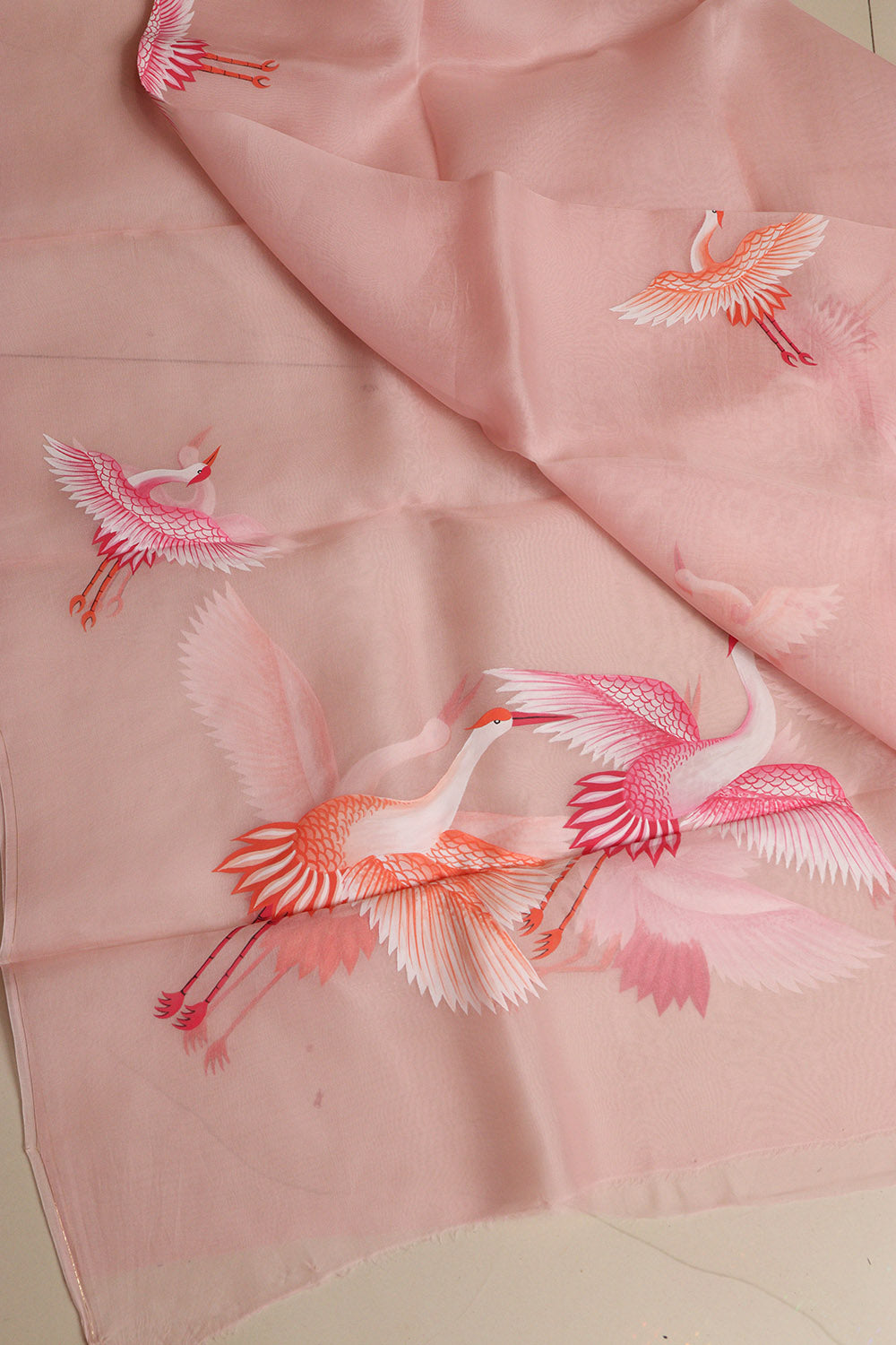 Pink Hand Painted Organza Bird Design Dupatta - Luxurion World