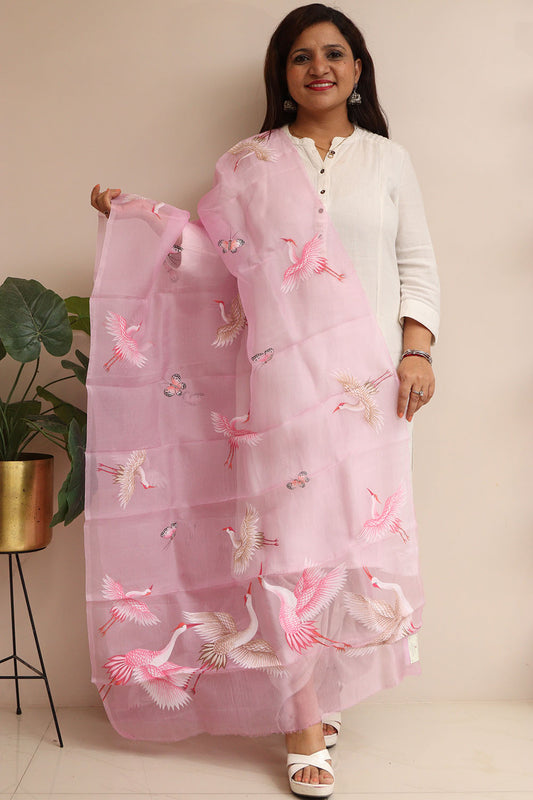 Purple Hand Painted Organza Bird Design Dupatta - Luxurion World