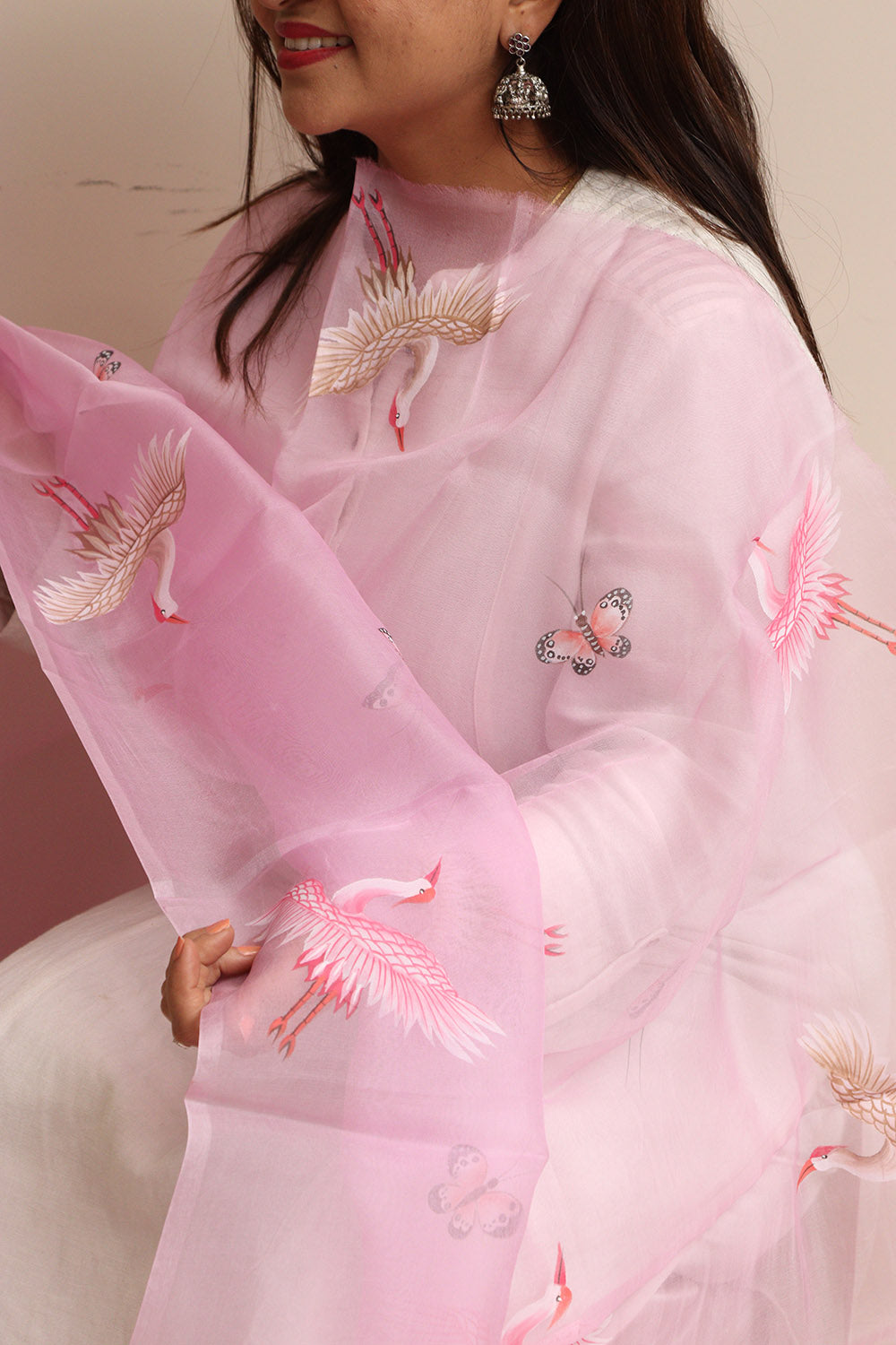 Purple Hand Painted Organza Bird Design Dupatta - Luxurion World