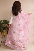 Purple Hand Painted Organza Bird Design Dupatta - Luxurion World