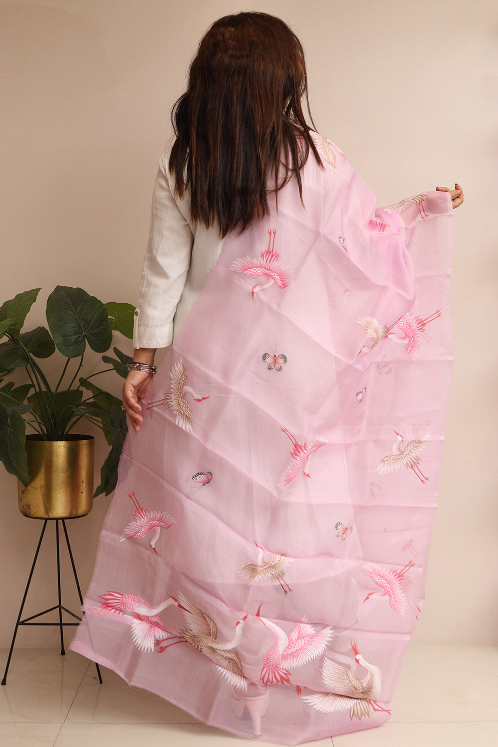 Purple Hand Painted Organza Bird Design Dupatta - Luxurion World