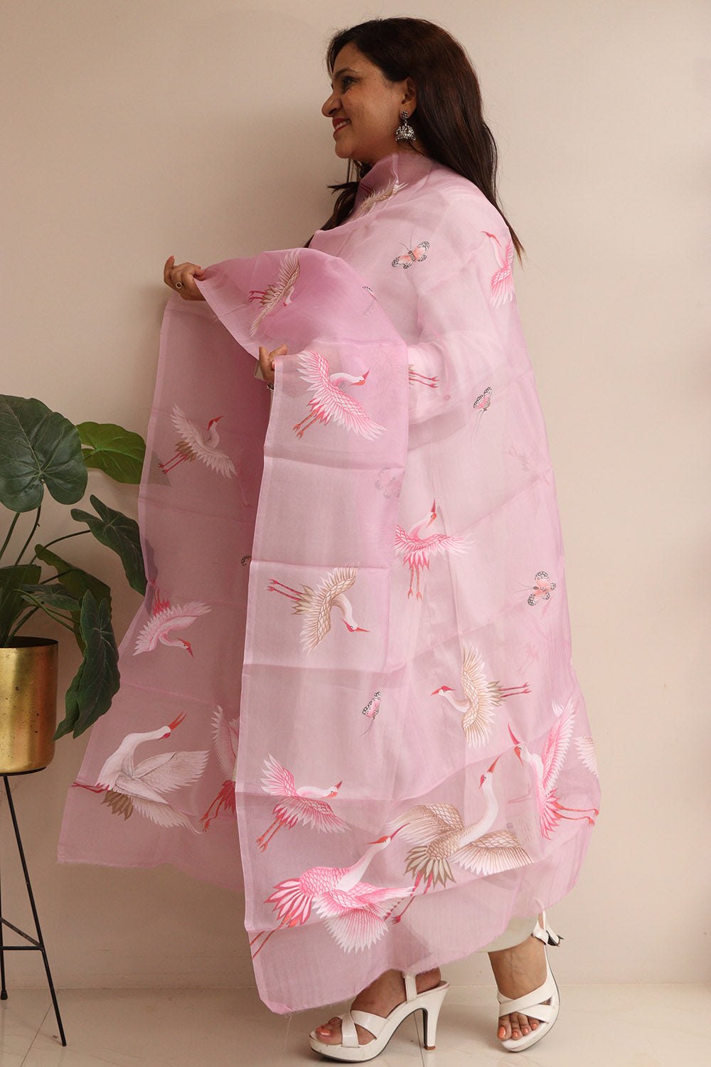 Purple Hand Painted Organza Bird Design Dupatta - Luxurion World