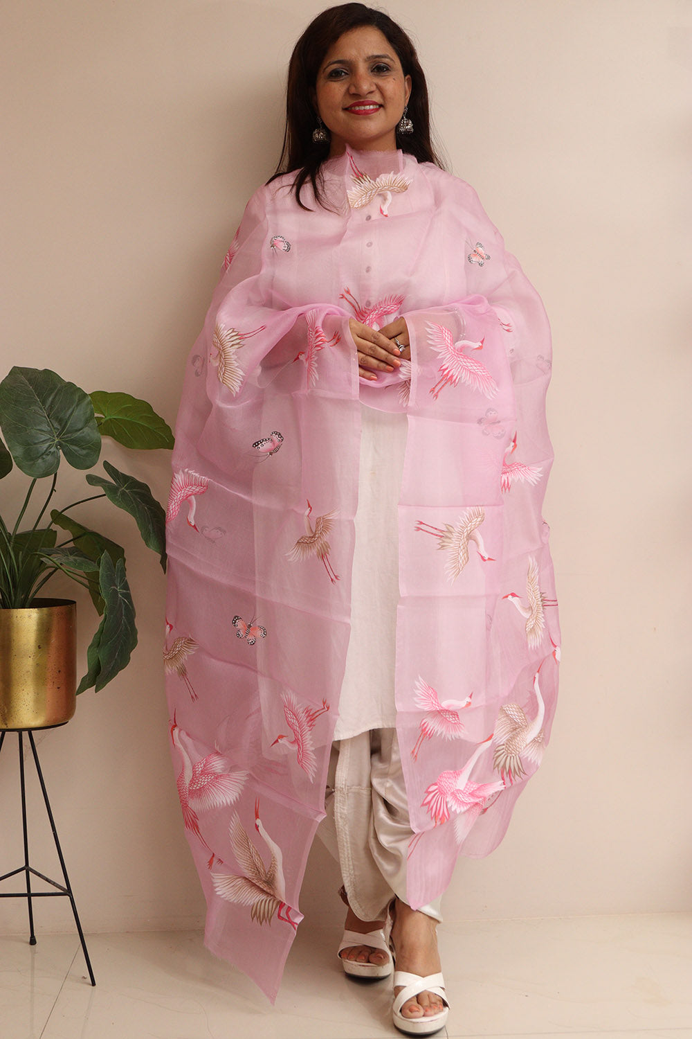 Purple Hand Painted Organza Bird Design Dupatta - Luxurion World