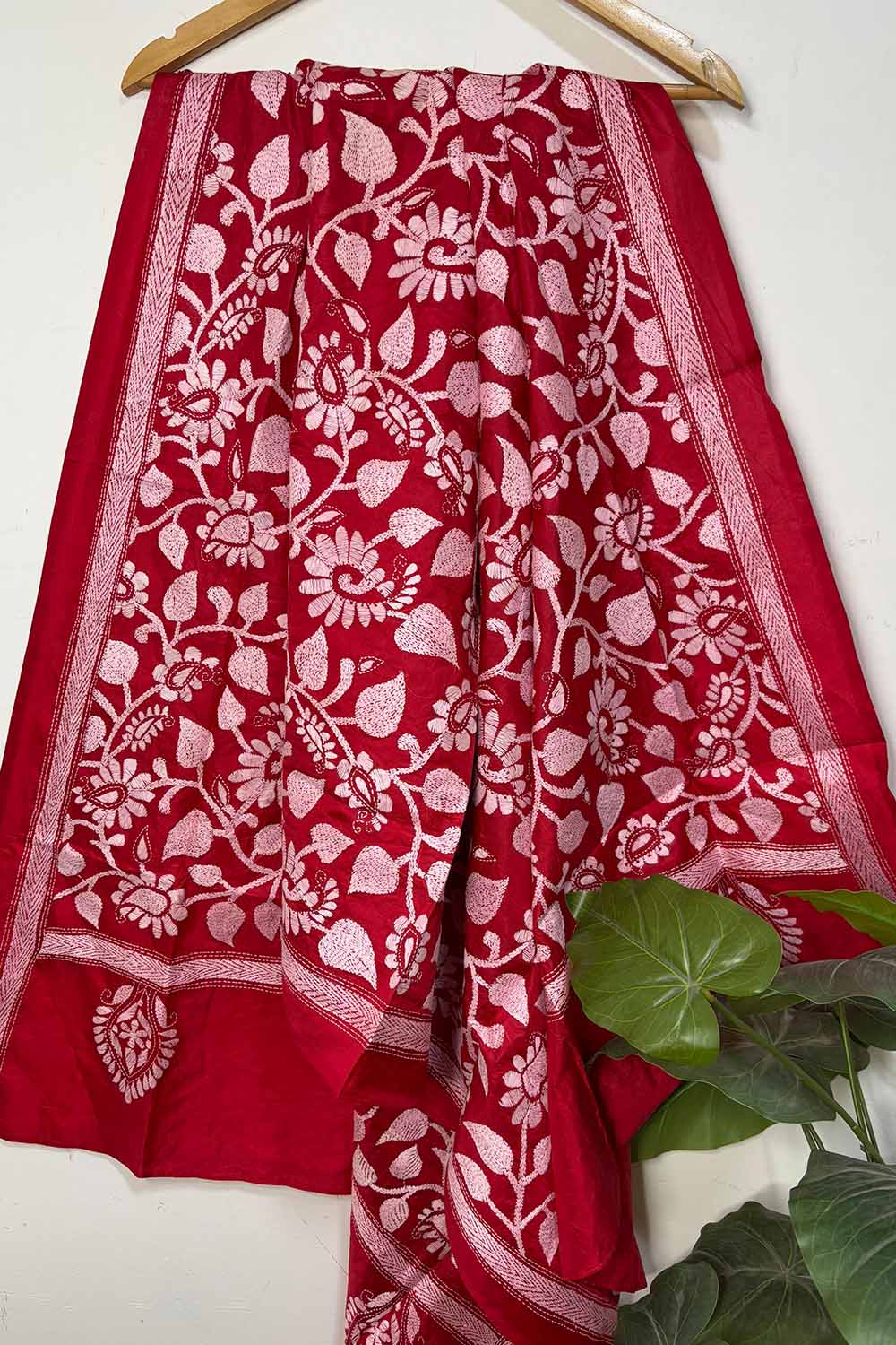 Stunning Red Hand Embroidered Kantha Bangalore Silk Dupatta - Luxurion World