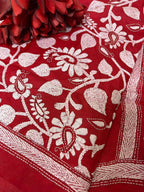 Stunning Red Hand Embroidered Kantha Bangalore Silk Dupatta - Luxurion World