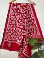 Stunning Red Hand Embroidered Kantha Bangalore Silk Dupatta - Luxurion World