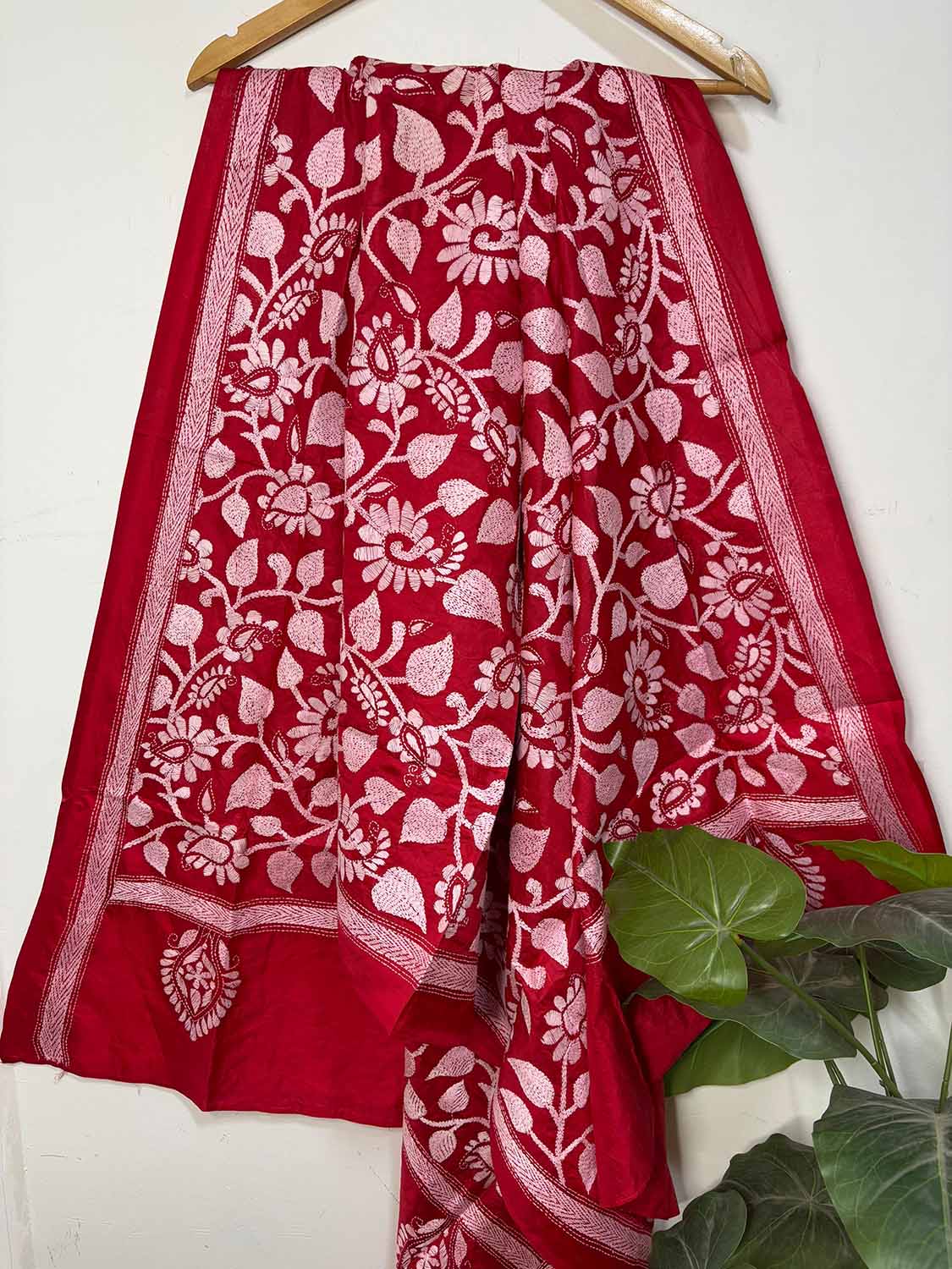 Stunning Red Hand Embroidered Kantha Bangalore Silk Dupatta - Luxurion World