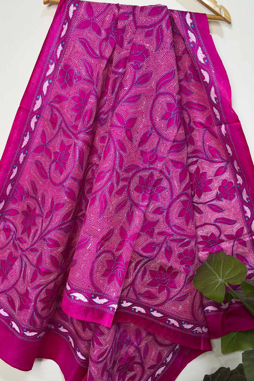 Pretty in Pink: Hand Embroidered Kantha Bangalore Silk Dupatta - Luxurion World