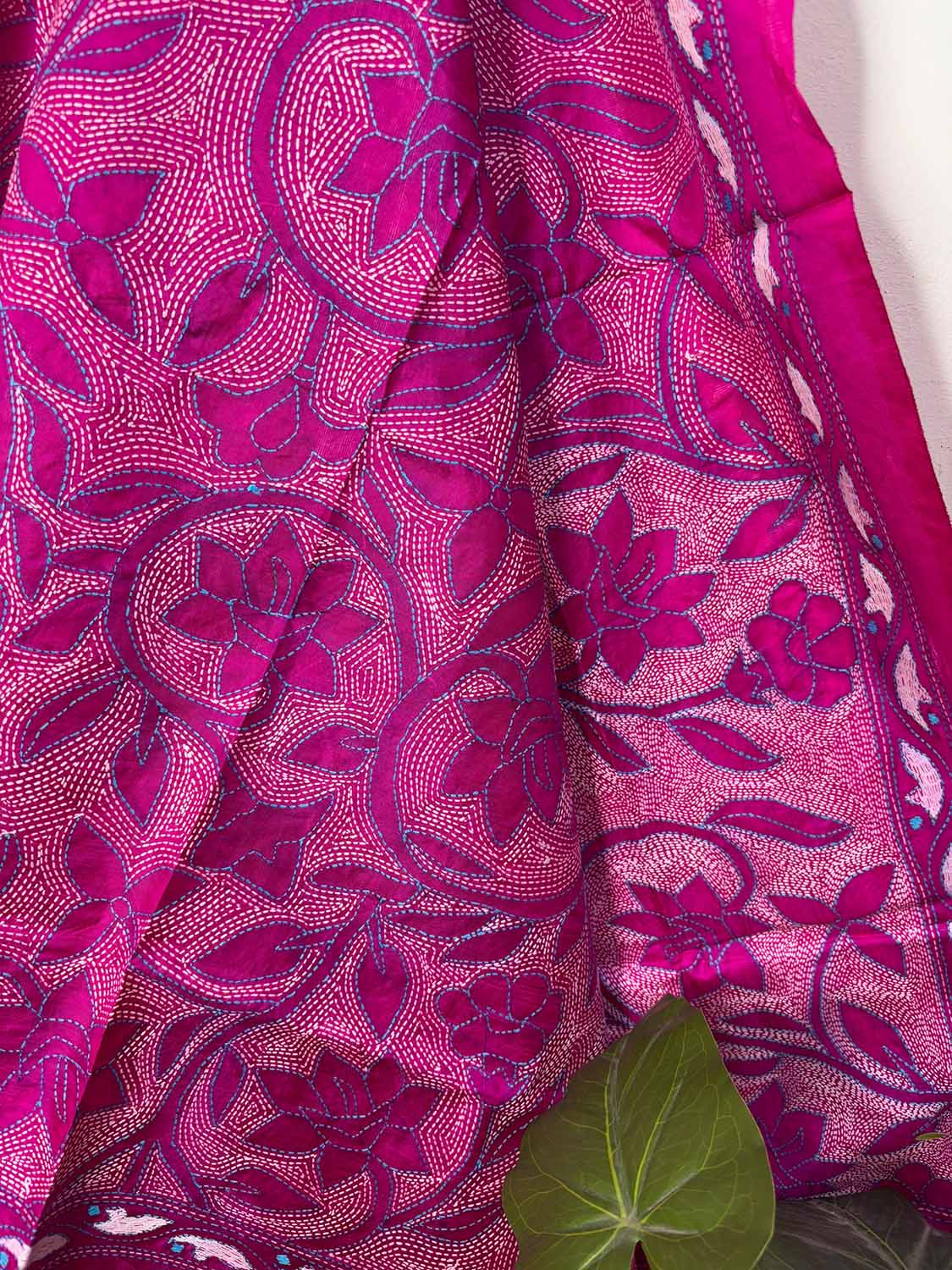 Pretty in Pink: Hand Embroidered Kantha Bangalore Silk Dupatta - Luxurion World
