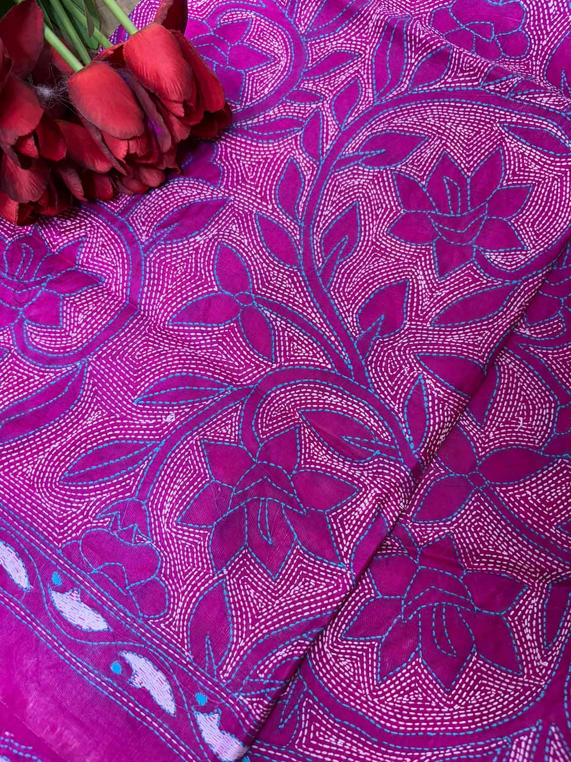 Pretty in Pink: Hand Embroidered Kantha Bangalore Silk Dupatta - Luxurion World