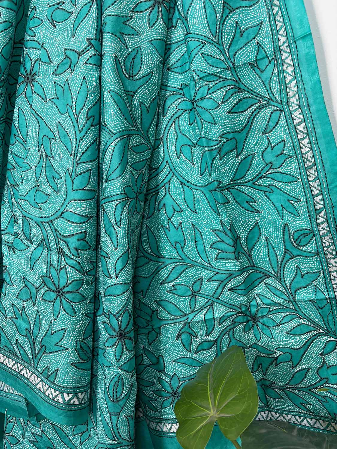 Blue Hand Embroidered Kantha Bangalore Silk Dupatta - Luxurion World