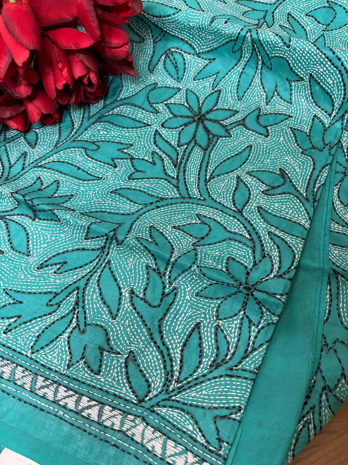 Blue Hand Embroidered Kantha Bangalore Silk Dupatta - Luxurion World