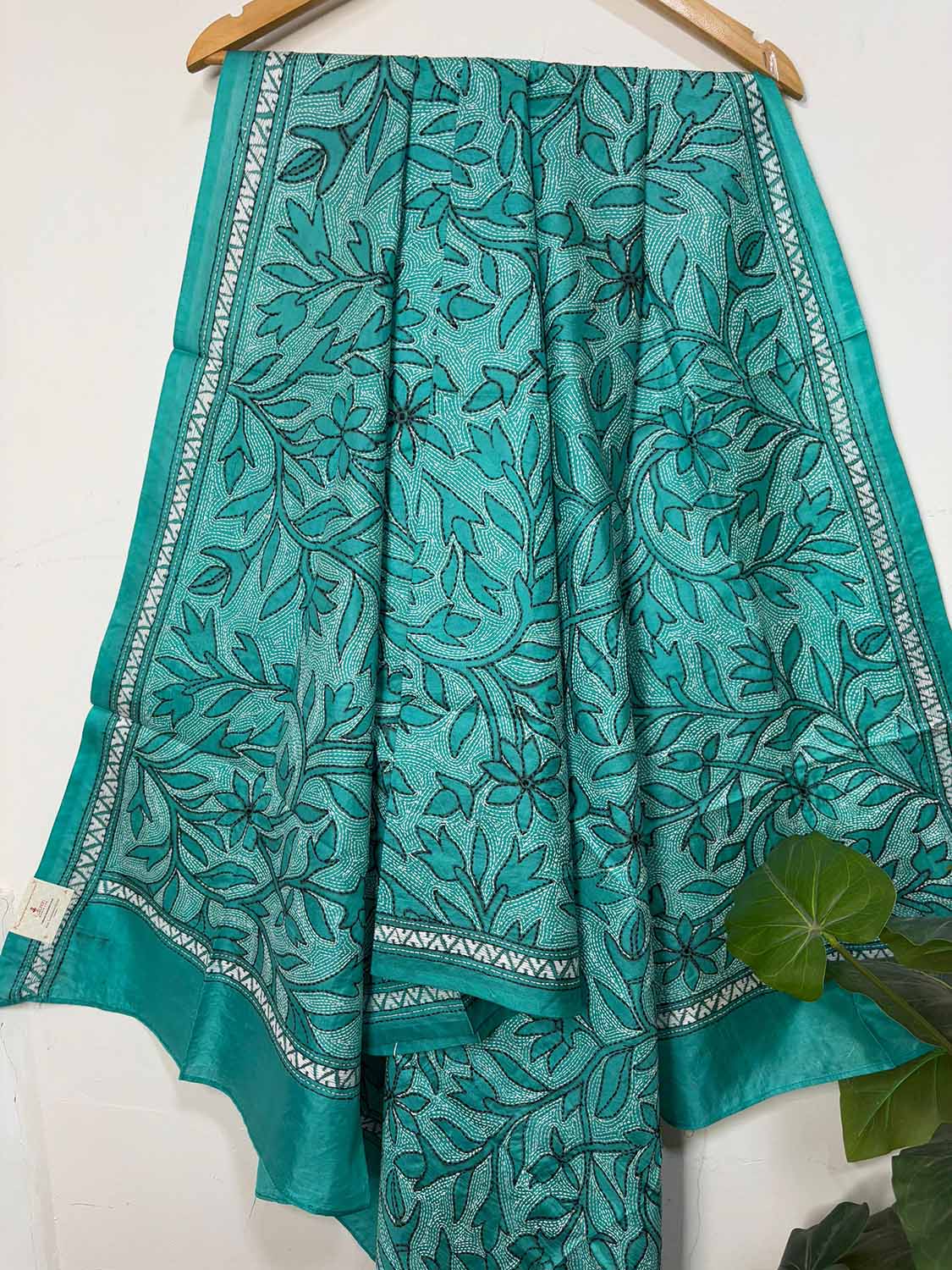 Blue Hand Embroidered Kantha Bangalore Silk Dupatta - Luxurion World