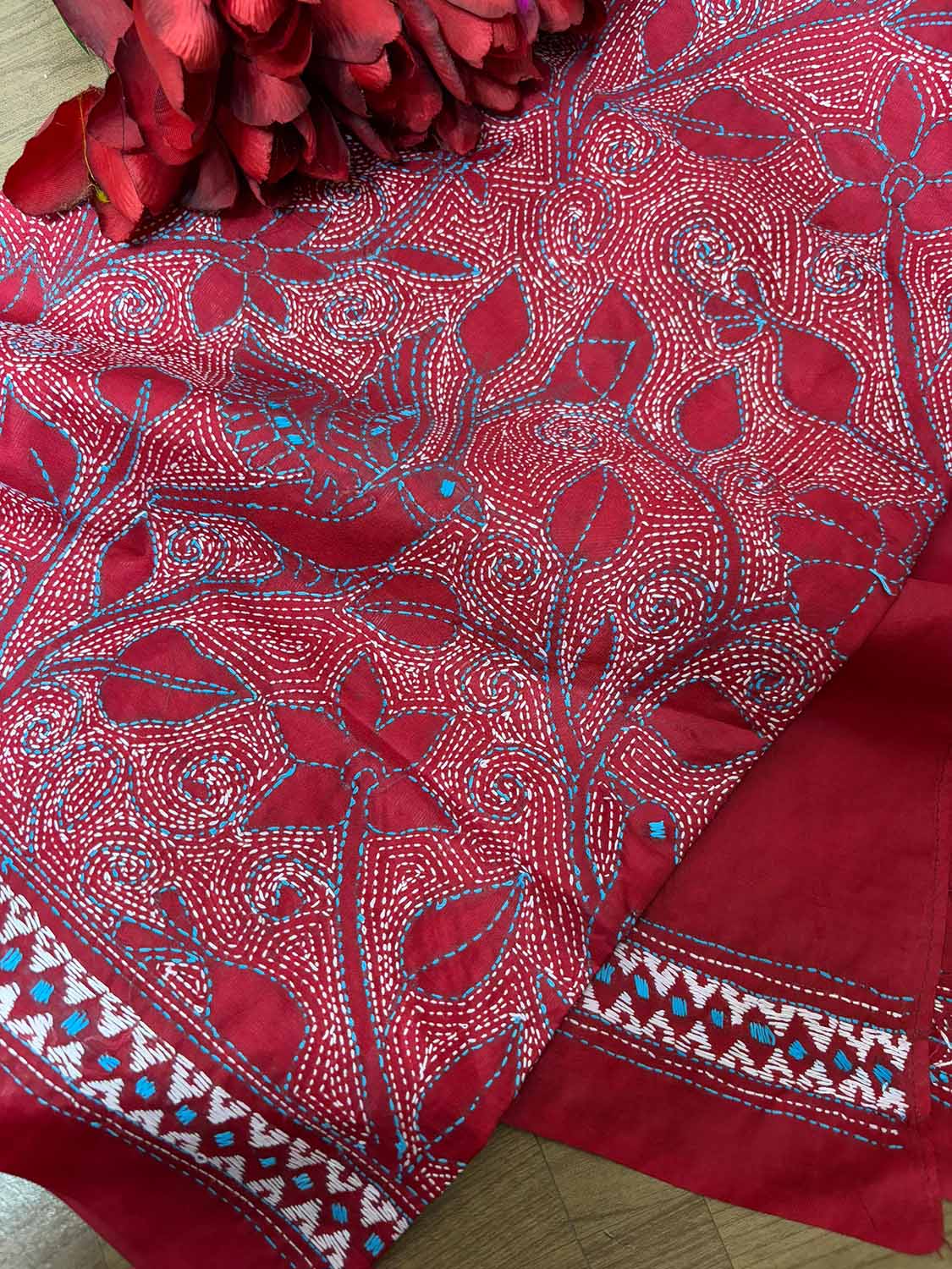 Stunning Red Hand Embroidered Kantha Bangalore Silk Dupatta - Luxurion World