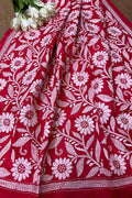 Red Hand Embroidered Flower Design Kantha Pure Silk Dupatta - Luxurion World