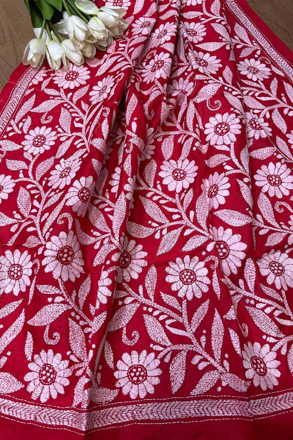 Red Hand Embroidered Flower Design Kantha Pure Silk Dupatta - Luxurion World