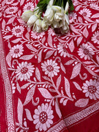 Red Hand Embroidered Flower Design Kantha Pure Silk Dupatta - Luxurion World