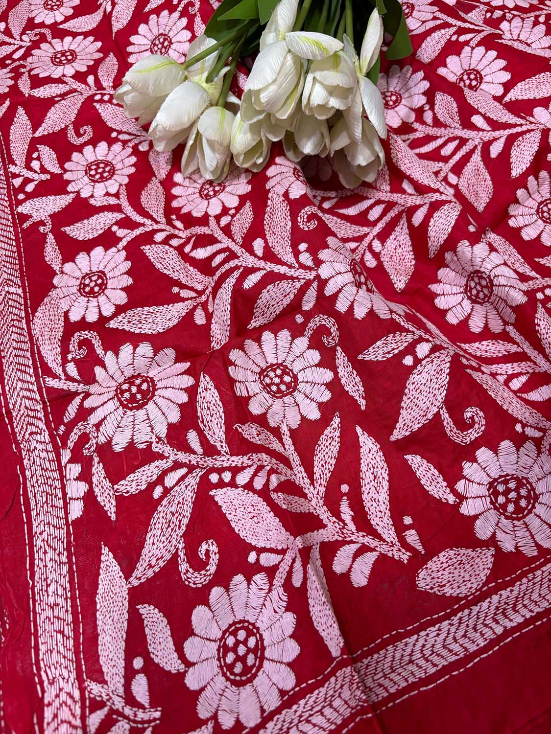 Red Hand Embroidered Flower Design Kantha Pure Silk Dupatta - Luxurion World