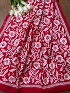 Red Hand Embroidered Flower Design Kantha Pure Silk Dupatta - Luxurion World