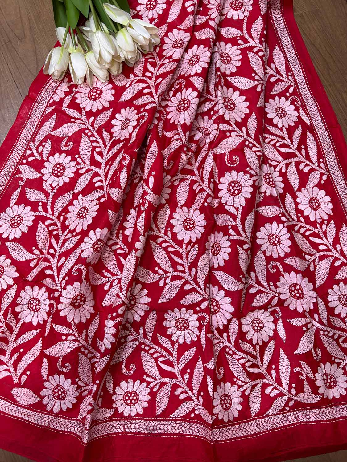 Red Hand Embroidered Flower Design Kantha Pure Silk Dupatta - Luxurion World
