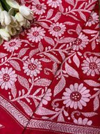Red Hand Embroidered Flower Design Kantha Pure Silk Dupatta - Luxurion World