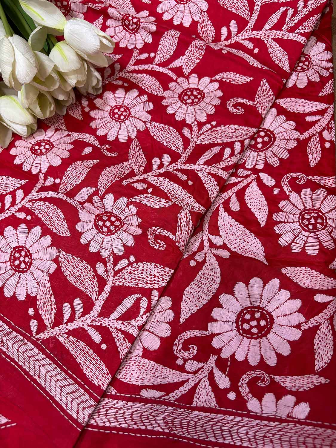 Red Hand Embroidered Flower Design Kantha Pure Silk Dupatta - Luxurion World