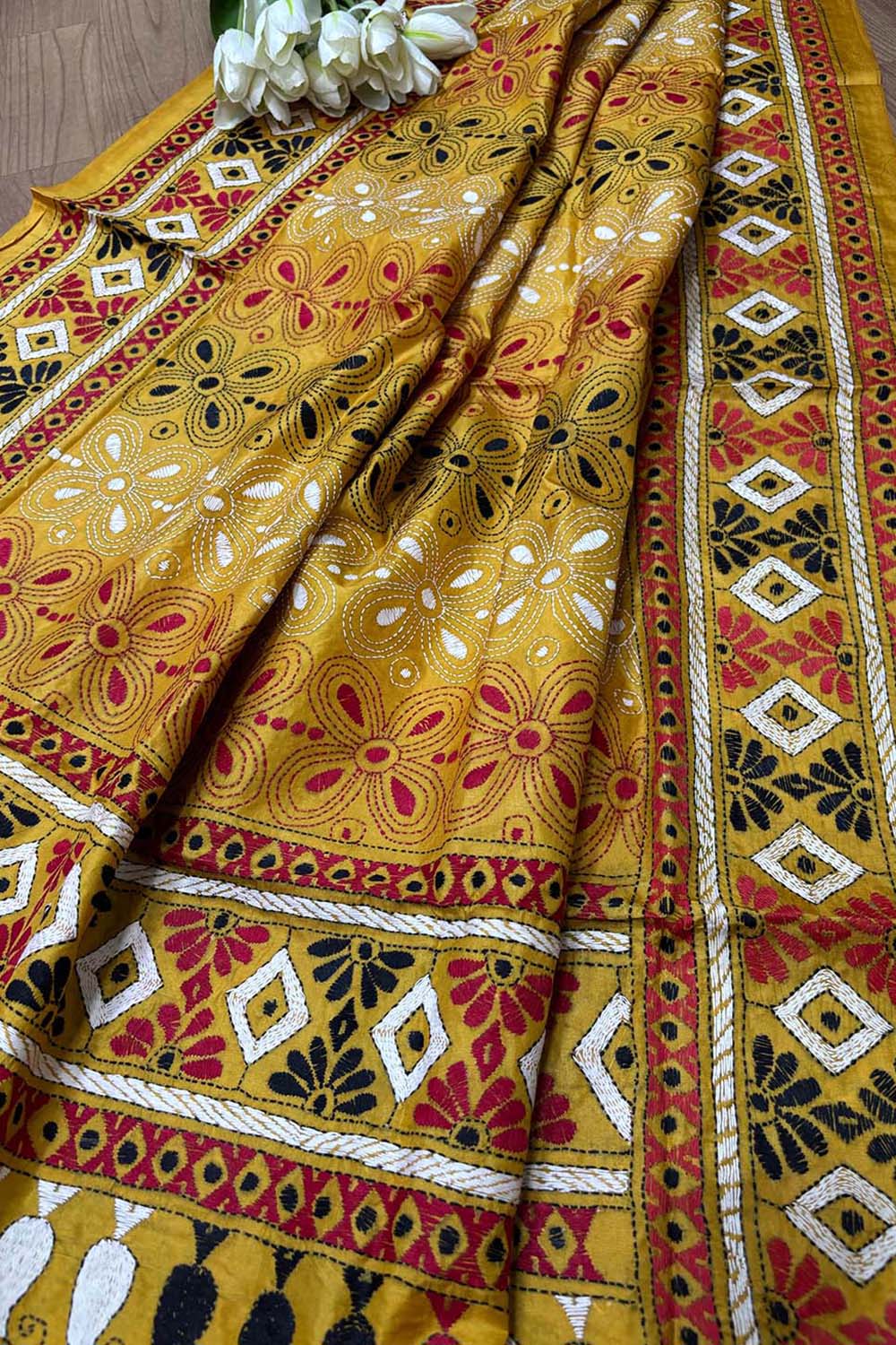 Yellow Hand Embroidered Kantha Pure Silk Dupatta - Luxurion World