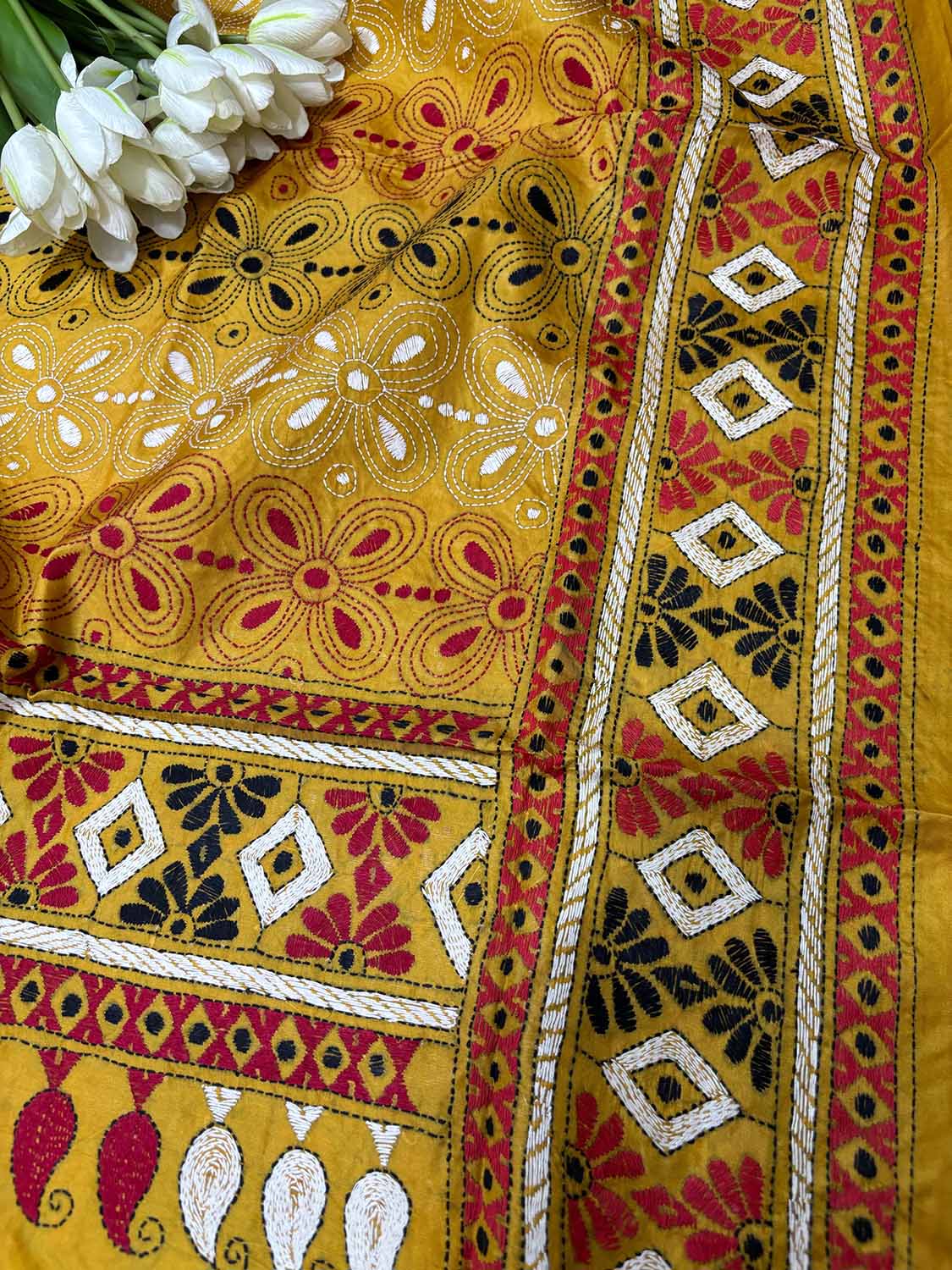Yellow Hand Embroidered Kantha Pure Silk Dupatta - Luxurion World
