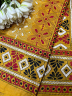 Yellow Hand Embroidered Kantha Pure Silk Dupatta - Luxurion World
