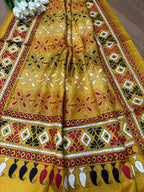 Yellow Hand Embroidered Kantha Pure Silk Dupatta - Luxurion World