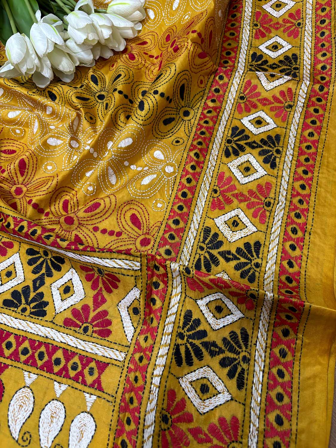 Yellow Hand Embroidered Kantha Pure Silk Dupatta - Luxurion World