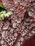 Maroon Hand Embroidered Kantha Pure Silk Dupatta - Luxurion World
