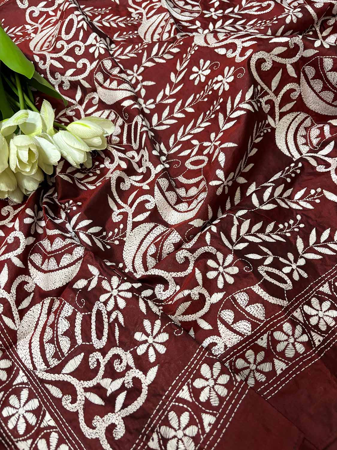 Maroon Hand Embroidered Kantha Pure Silk Dupatta - Luxurion World
