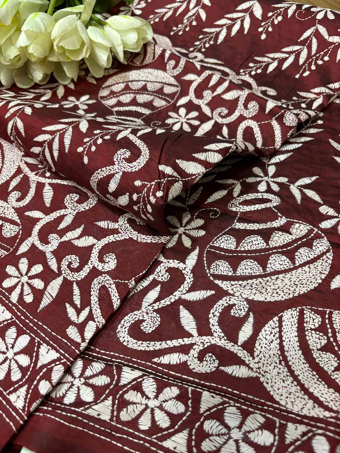 Maroon Hand Embroidered Kantha Pure Silk Dupatta - Luxurion World