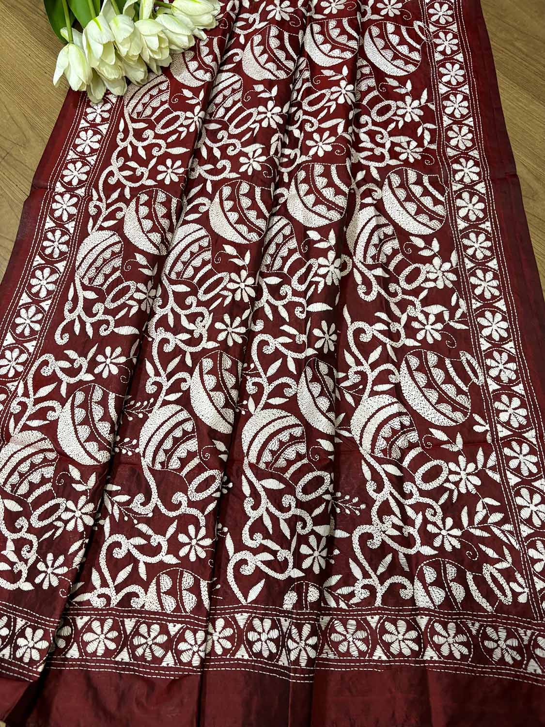Maroon Hand Embroidered Kantha Pure Silk Dupatta - Luxurion World