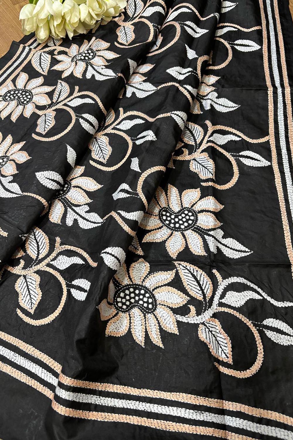 Exquisite Black Hand Embroidered Flower Design Kantha Pure Silk Dupatta - Luxurion World