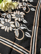 Exquisite Black Hand Embroidered Flower Design Kantha Pure Silk Dupatta - Luxurion World