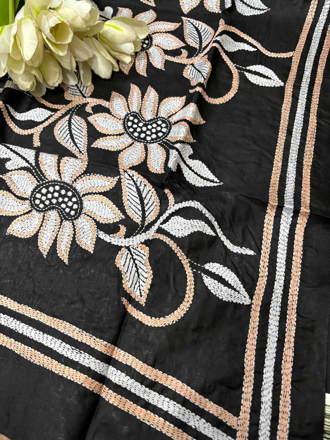 Exquisite Black Hand Embroidered Flower Design Kantha Pure Silk Dupatta - Luxurion World